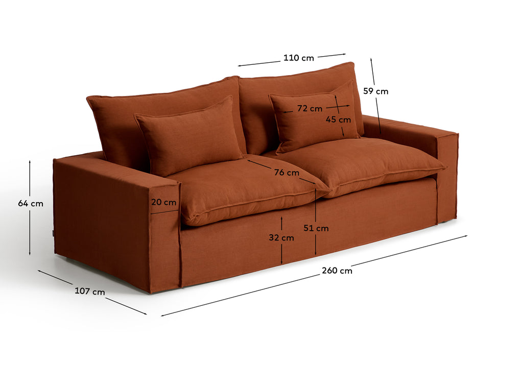 Anarela 100% terracotta linen 3-seater sofa with removable cover 260 cm FSC Mix Credit