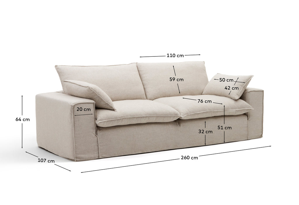Anarela beige linen and viscose 3-seater sofa with removable cover 260 cm FSC Mix Credit