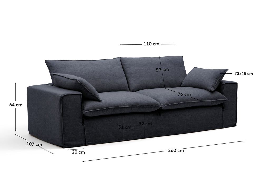 Anarela dark grey linen and viscose 3-seater sofa with removable cover 260 cm FSC Mix Credit