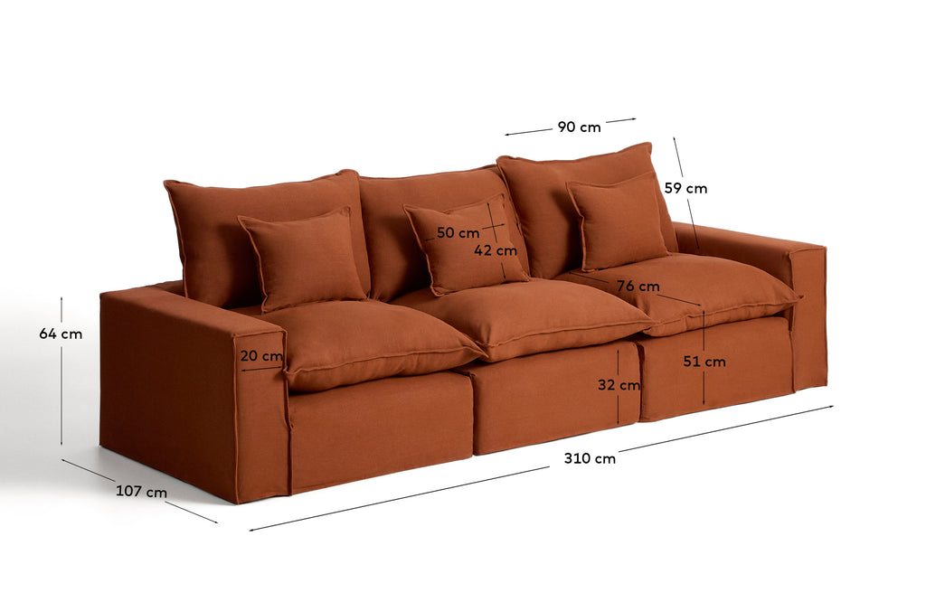 Anarela 100% terracotta linen 3-seater modular sofa with removable cover 310cm FSC Mix Credit