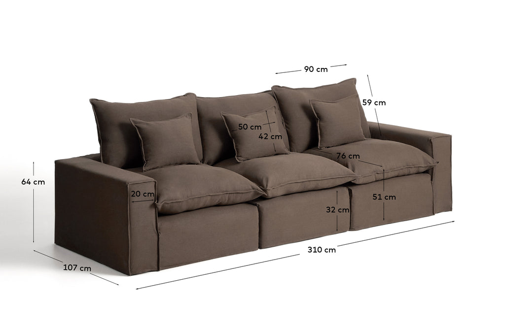 Anarela 100% taupe linen 3-seater modular sofa with removable cover 310cm FSC Mix Credit