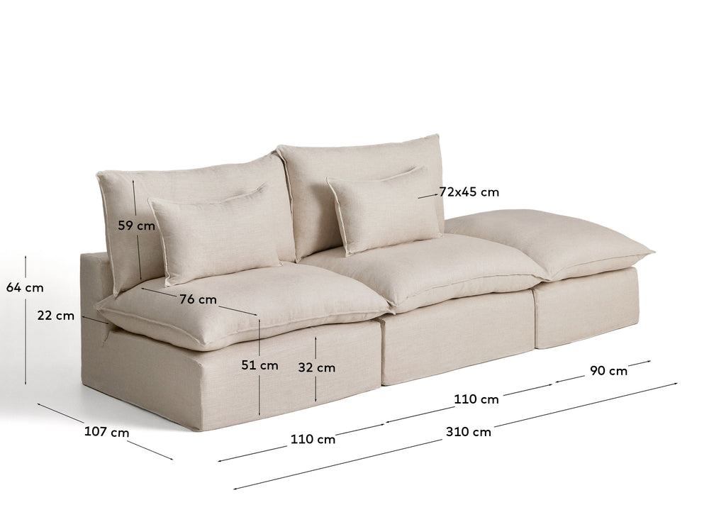 Anarela beige linen and viscose 3-seater modular sofa with end module and removable cover 310cm FSC Mix Credit