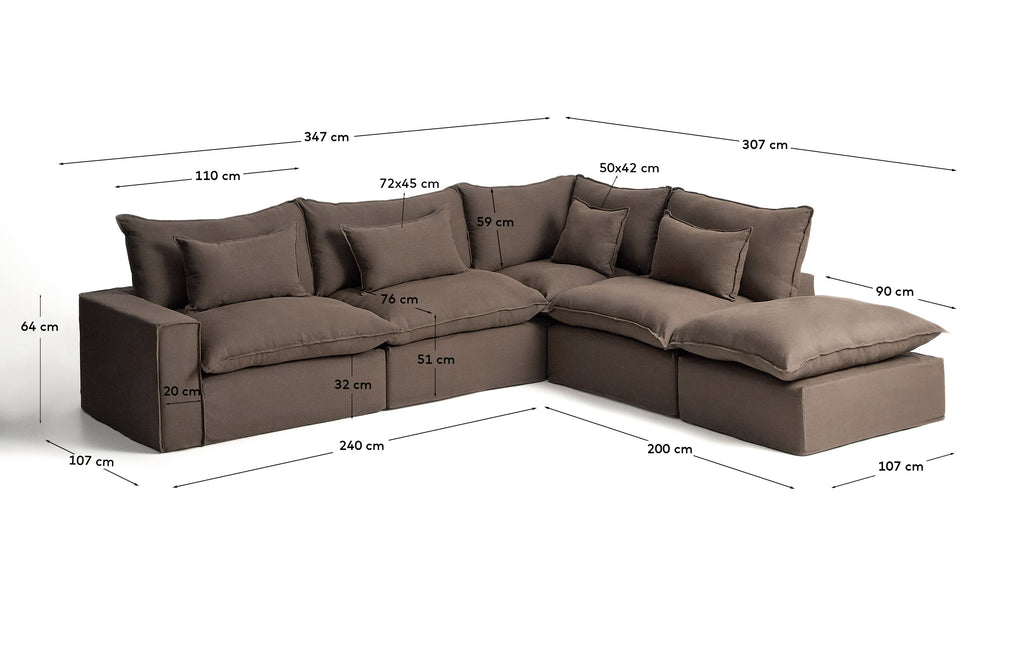 Anarela 100% taupe linen 6-seater modular corner sofa with removable cover 347 x 307cm FSC Mix Credit