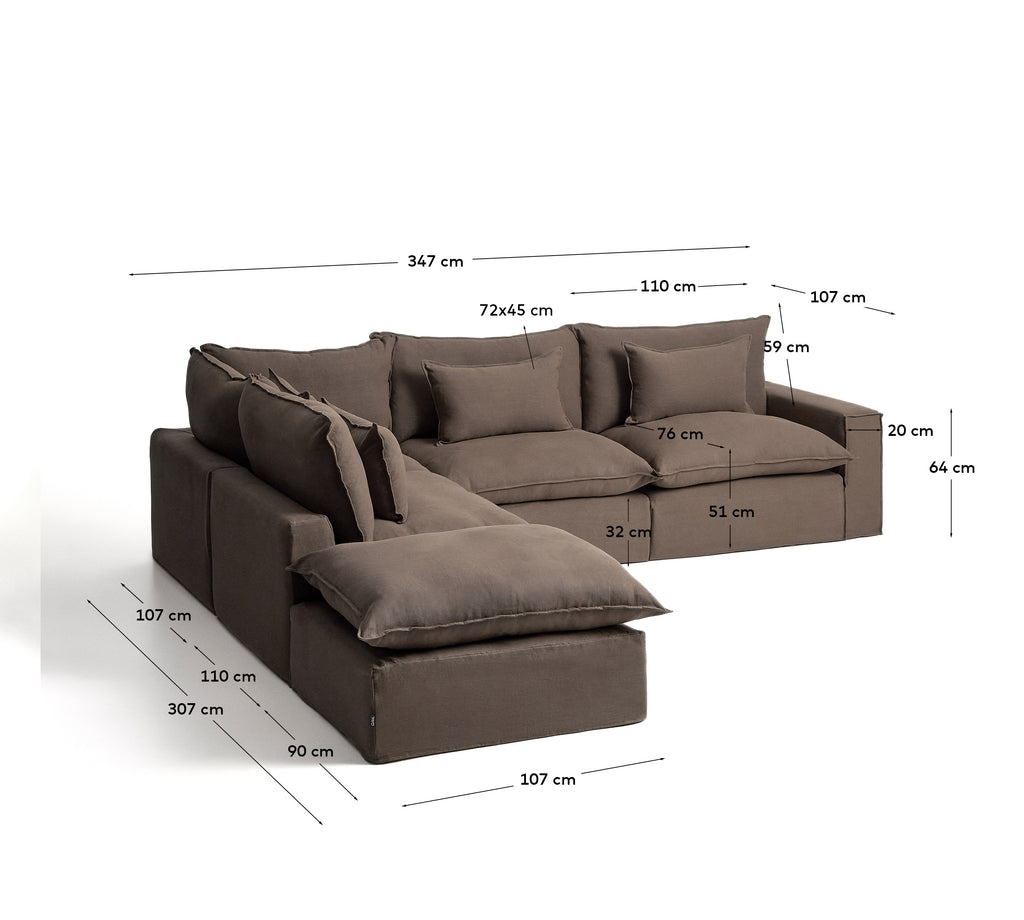 Anarela 100% taupe linen 6-seater modular corner sofa with removable cover 307 x 347cm FSC Mix Credit