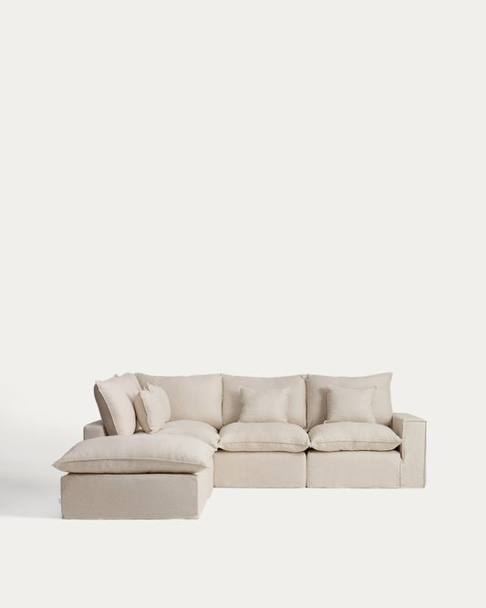Anarela beige linen and viscose 4-seater modular corner sofa with removable cover 287 x 307 cm FSC Mix Credit