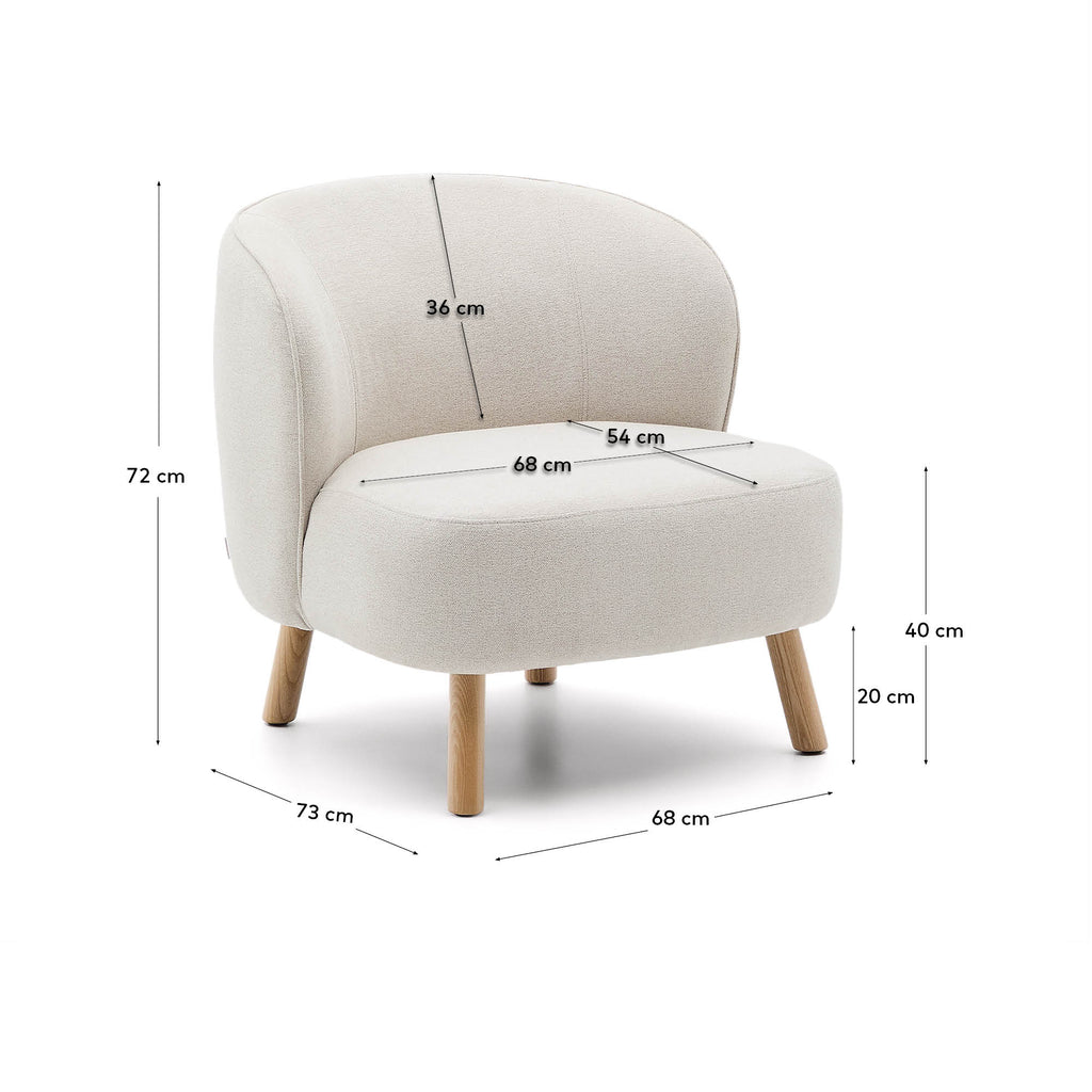 Ulit armchair in beige chenille with solid beech wood legs in a natural finish