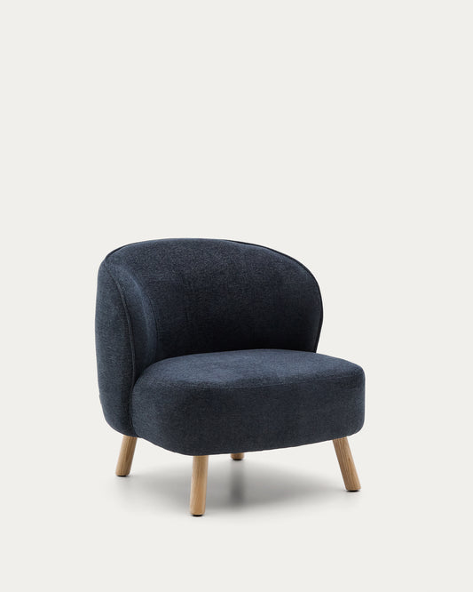 Ulit armchair in blue-grey chenille with solid beech wood legs in a natural finish