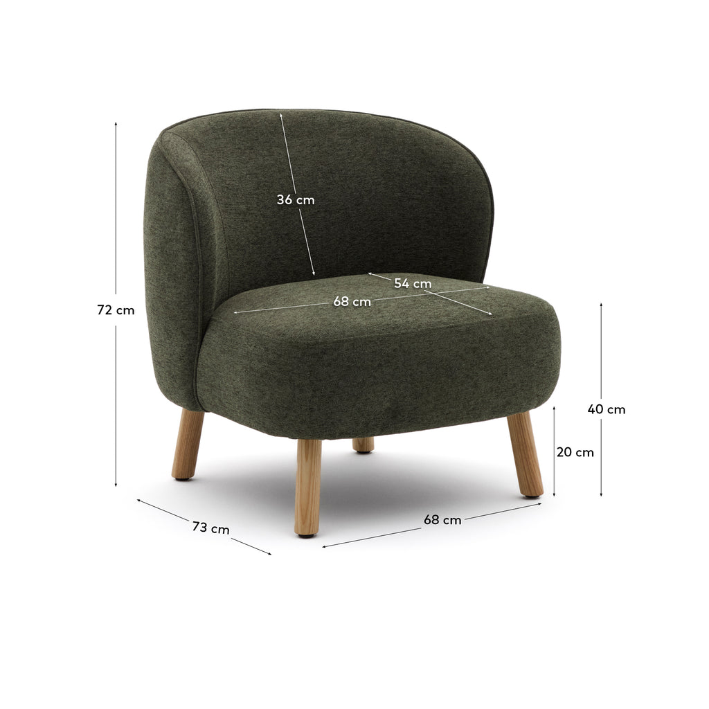 Ulit armchair in green chenille with solid beech wood legs in a natural finish