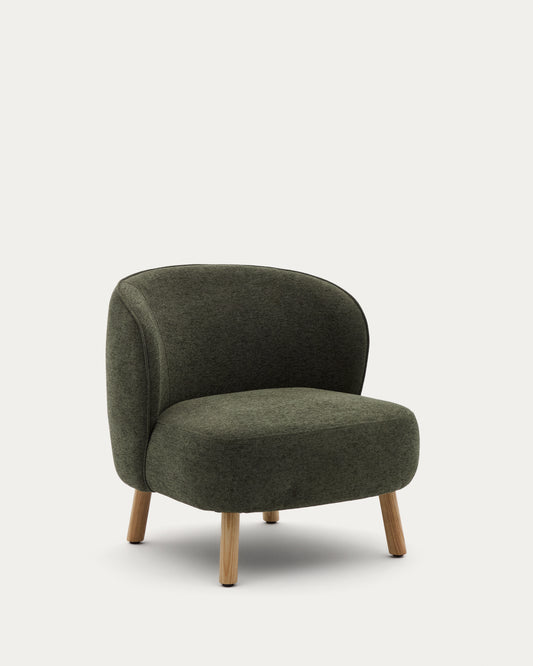 Ulit armchair in green chenille with solid beech wood legs in a natural finish