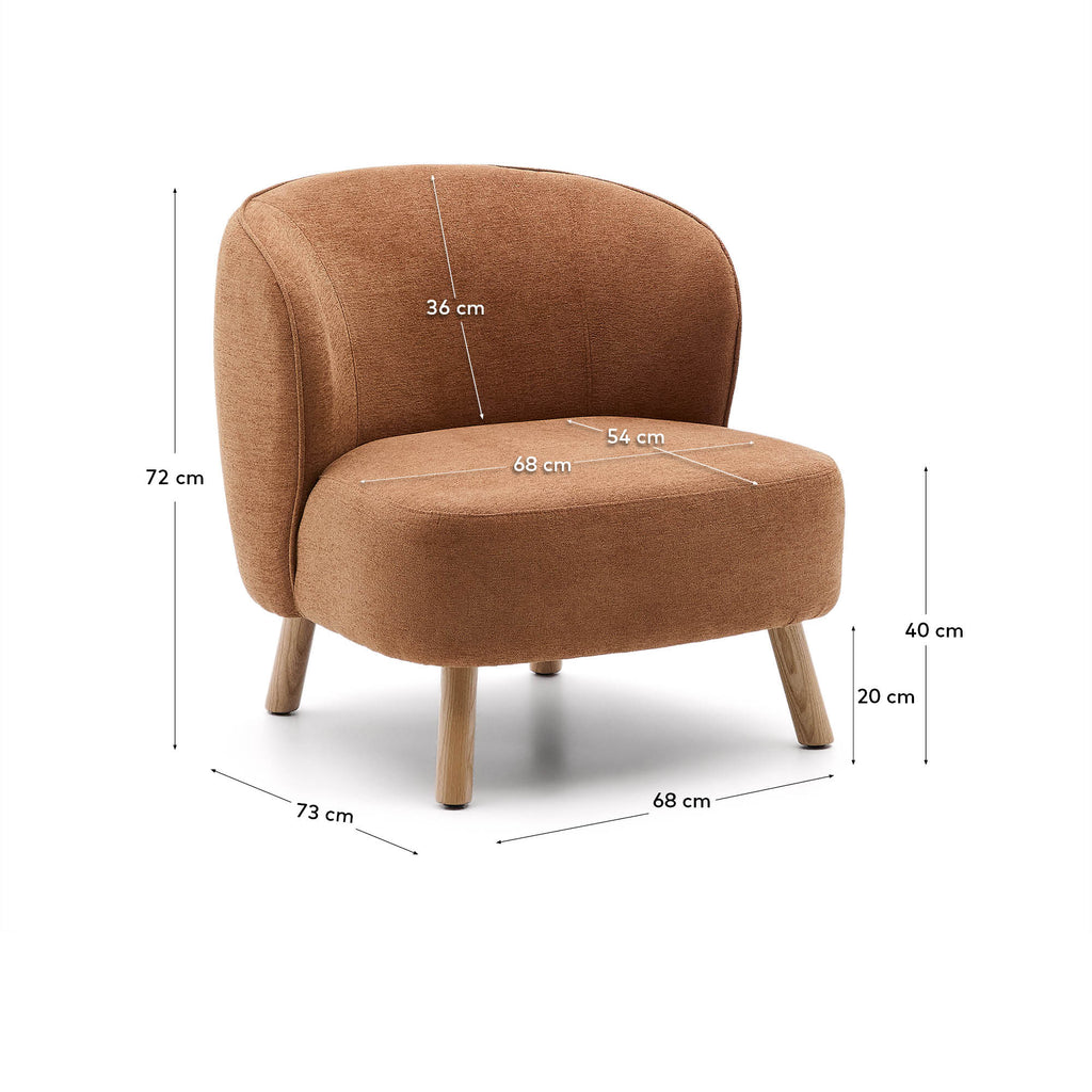 Ulit armchair in terracotta chenille with solid beech wood legs in a natural finish