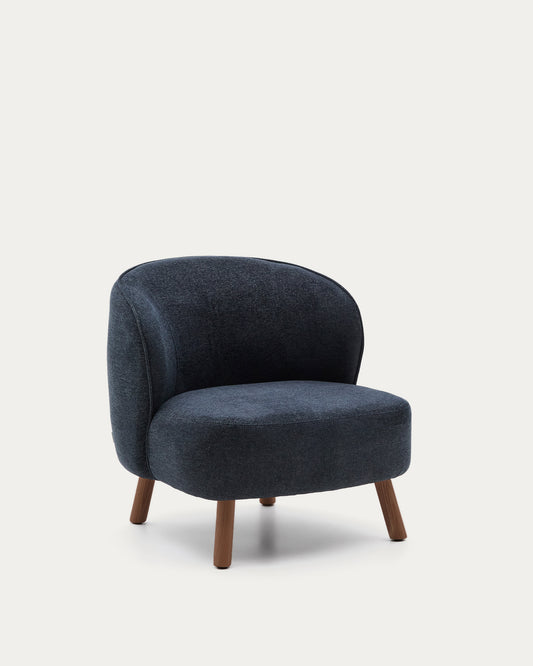 Ulit armchair in blue-grey chenille with solid ash wood legs with walnut finish