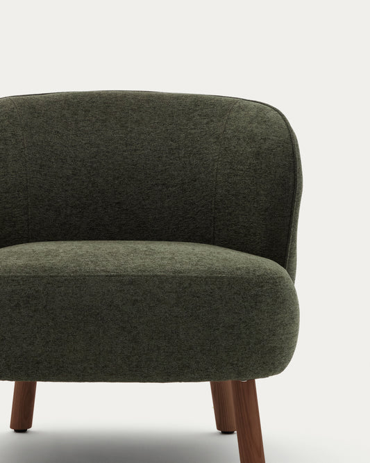Ulit armchair in green chenille with solid ash wood legs with walnut finish