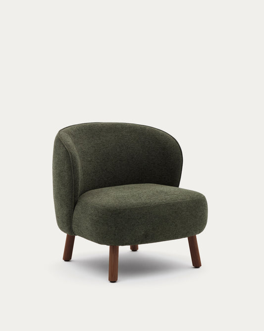 Ulit armchair in green chenille with solid ash wood legs with walnut finish