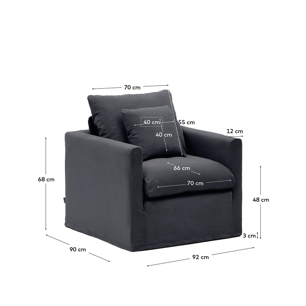 Nora armchair with removable cover with linen and cotton cushion in anthracite grey 92cm