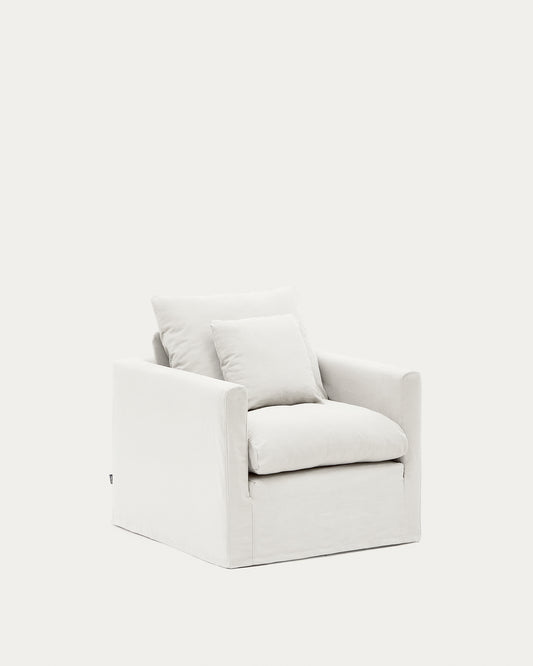 Nora armchair with removable cover with linen and cotton cushion in ecru 92cm