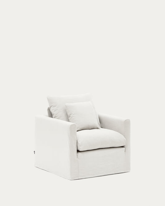 Nora armchair with removable cover with linen and cotton cushion in ecru 92cm