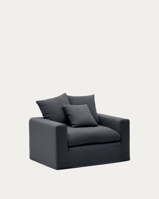 Nora armchair with removable cover with linen and cotton cushion in anthracite grey 140cm