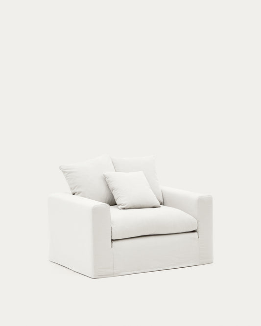 Nora armchair with removable cover with linen and cotton cushion in ecru 140cm