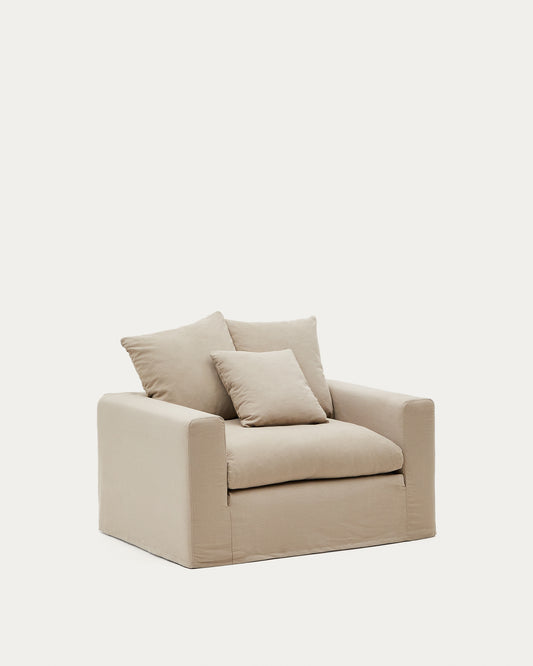Nora armchair with removable cover with linen and cotton cushion in taupe 140cm