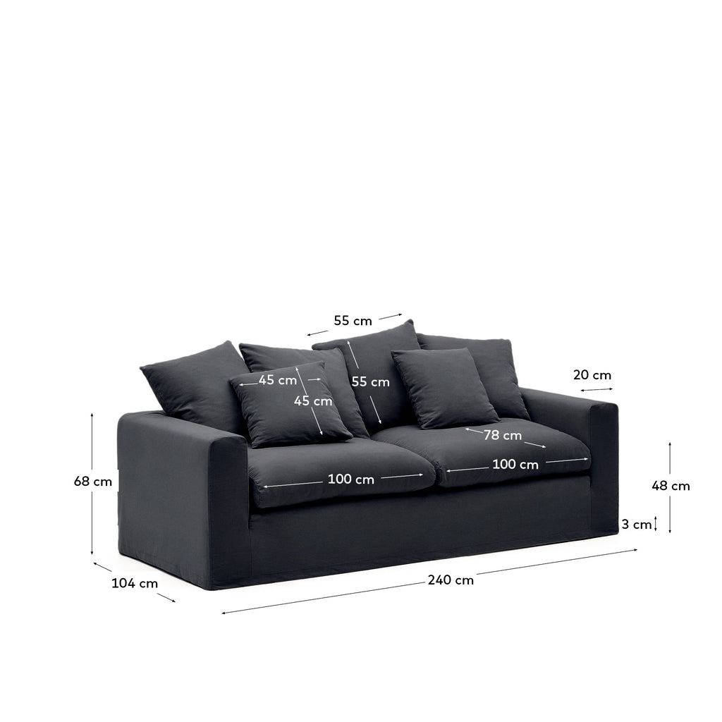 Nora 3-seater sofa with removable cover with linen and cotton cushions in anthracite grey 240cm