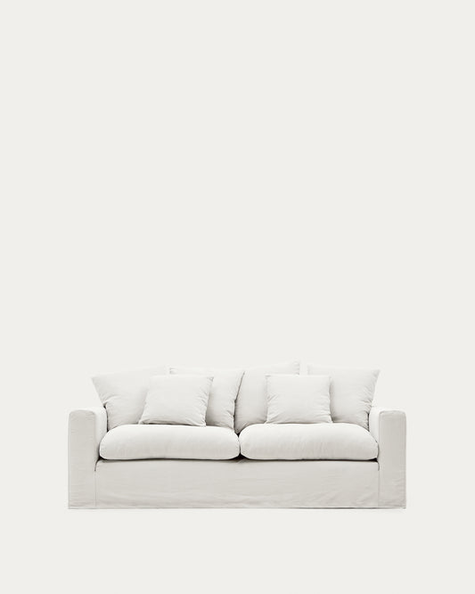 Nora 3-seater sofa with removable cover with linen and cotton cushions in ecru 240cm