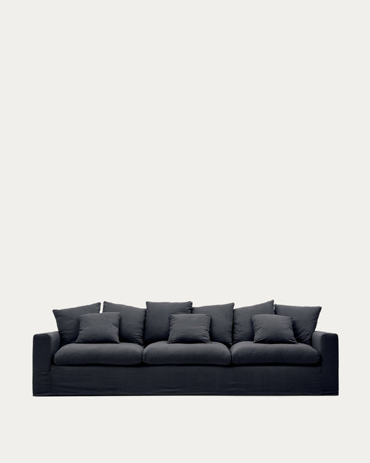 Nora 4-seater sofa with removable cover with linen and cotton cushions in anthracite grey 340cm
