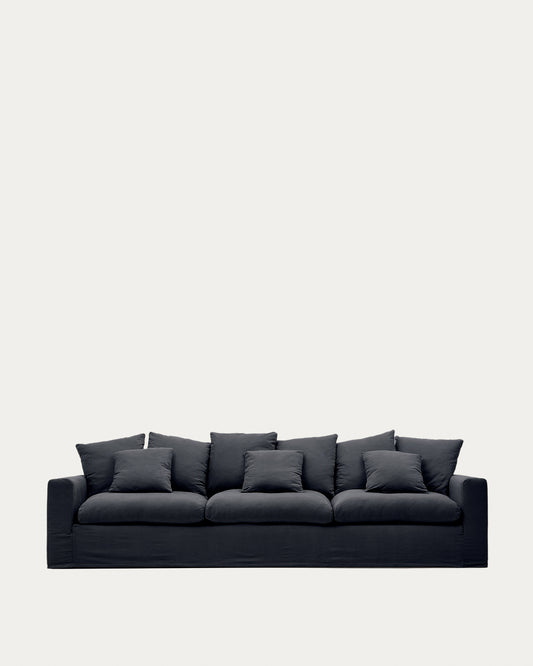 Nora 4-seater sofa with removable cover with linen and cotton cushions in anthracite grey 340cm