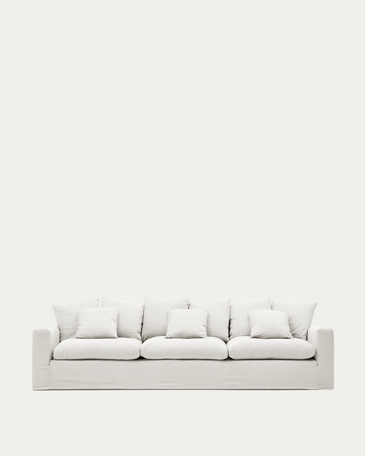 Nora 4-seater sofa with removable cover with linen and cotton cushions in ecru 340cm