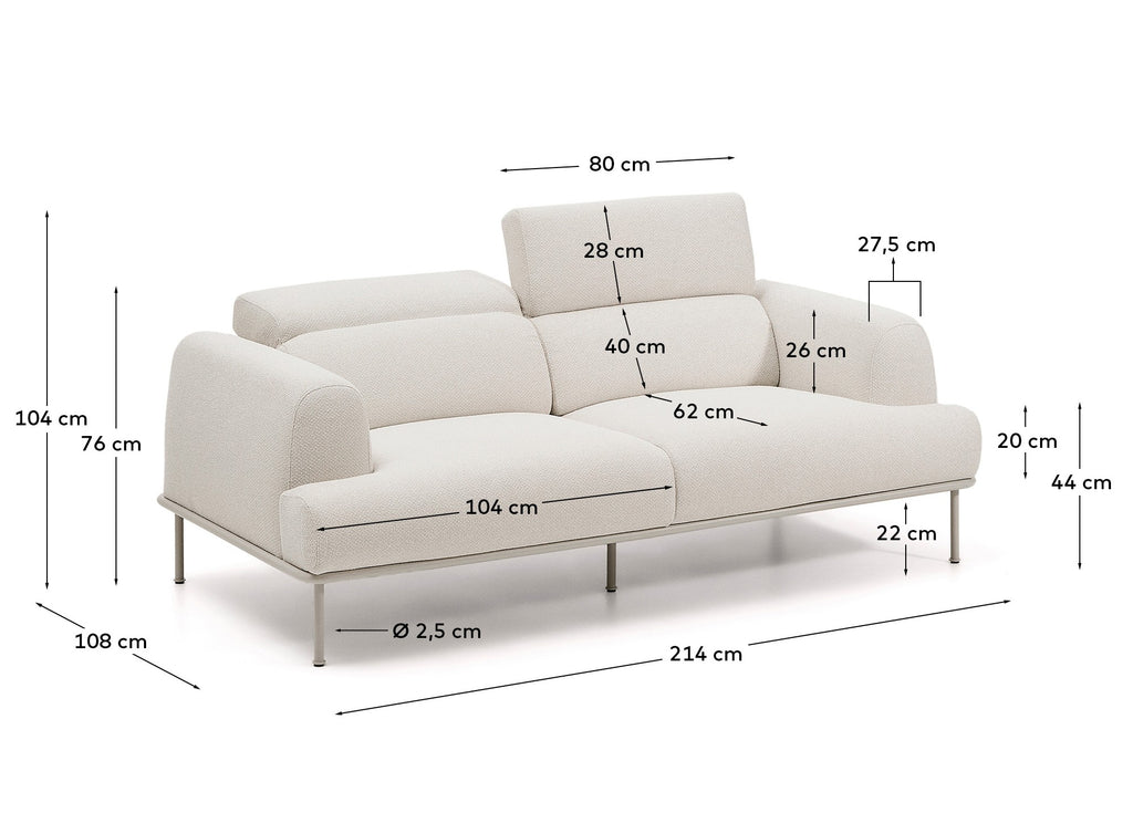Aurum 2-seater sofa in ecru chenille with reclining headrest and matte beige metal base 214 cm FSC Mix Credit
