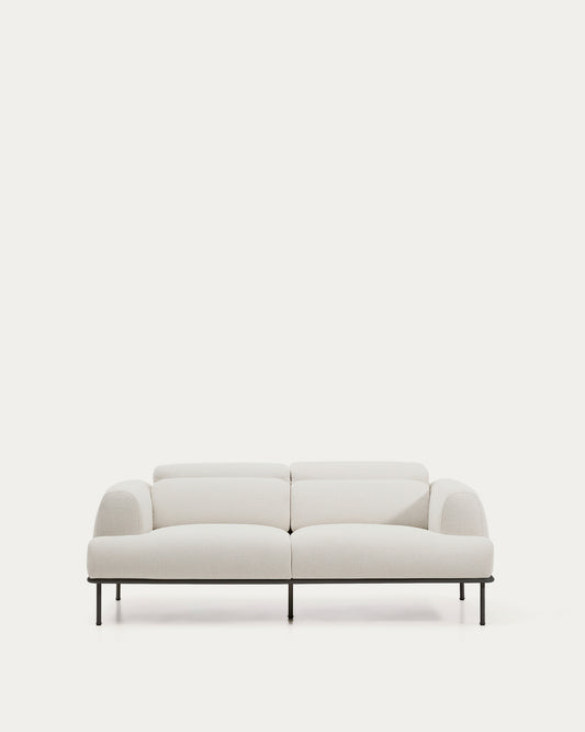 Aurum 2-seater sofa in ecru chenille with reclining headrest and matte grey metal base 214 cm FSC Mix Credit