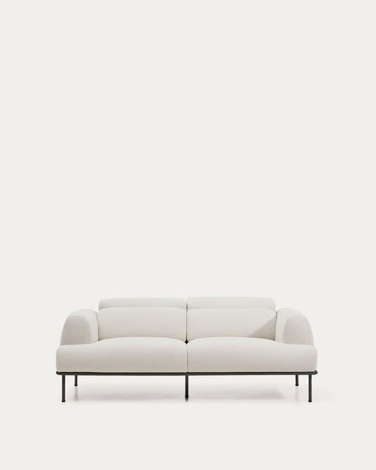 Aurum 2-seater sofa in ecru chenille with reclining headrest and matte grey metal base 214 cm FSC Mix Credit