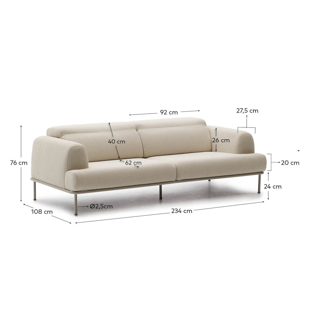 Aurum 3-seater sofa in ecru chenille with reclining headrest and matte beige metal base 234cm FSC Mix Credit