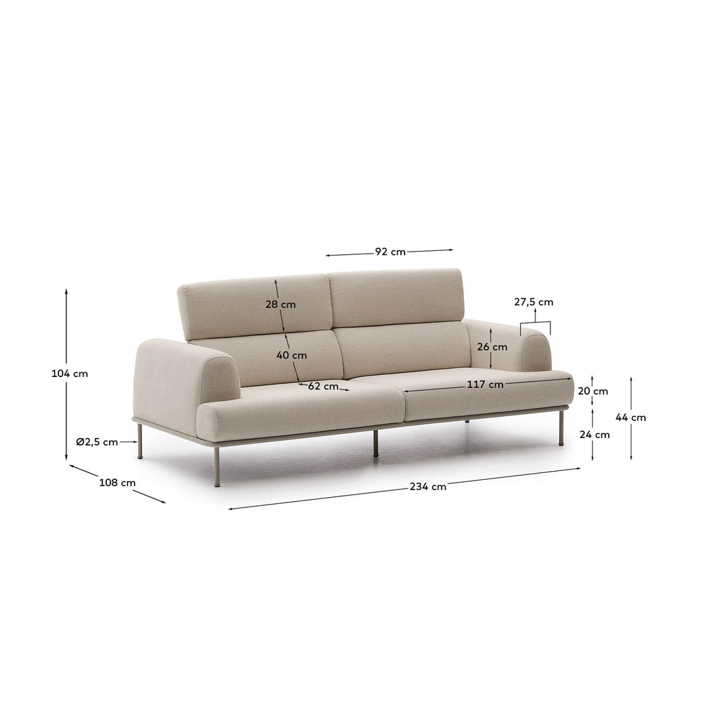 Aurum 3-seater sofa in ecru chenille with reclining headrest and matte beige metal base 234cm FSC Mix Credit