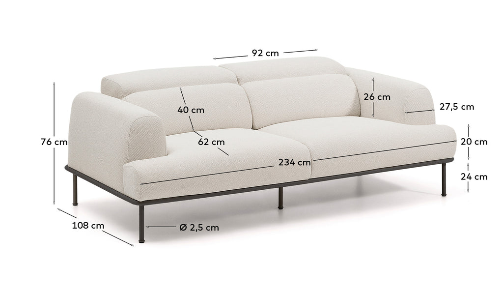 Aurum 3-seater sofa in ecru chenille with reclining headrest and matte grey metal base 234cm FSC Mix Credit
