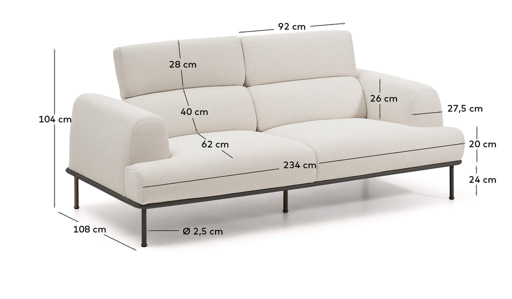 Aurum 3-seater sofa in ecru chenille with reclining headrest and matte grey metal base 234cm FSC Mix Credit