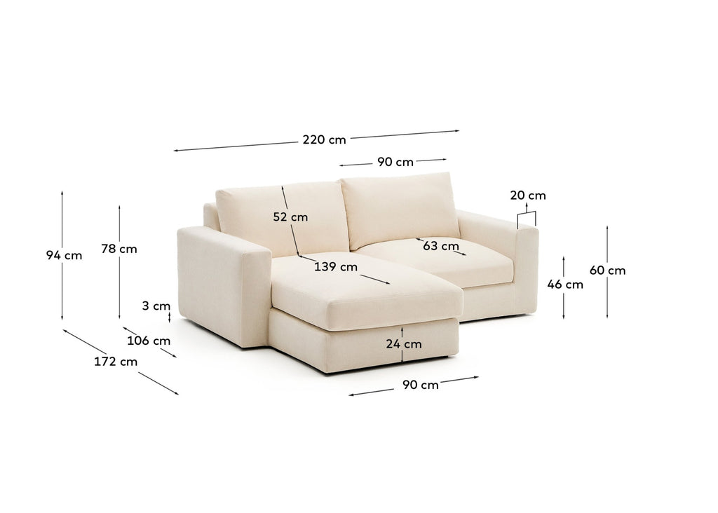 Alea ecru chenille 3-seater modular sofa with left chaise longue and removable cover 220cm