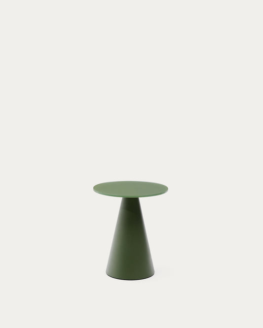 Wilshire side table with frosted tempered glass and matt green painted steel finish Ø35cm