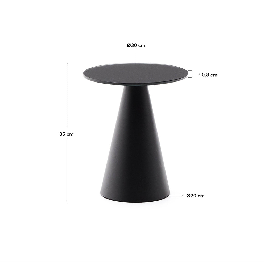 Wilshire side table with frosted tempered glass and steel with matt black painted finish Ø30cm