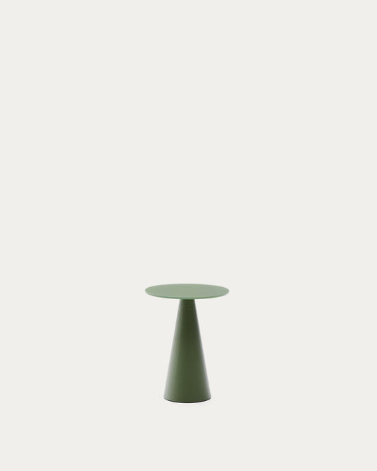 Wilshire side table with frosted tempered glass and matt green painted steel finish Ø30cm