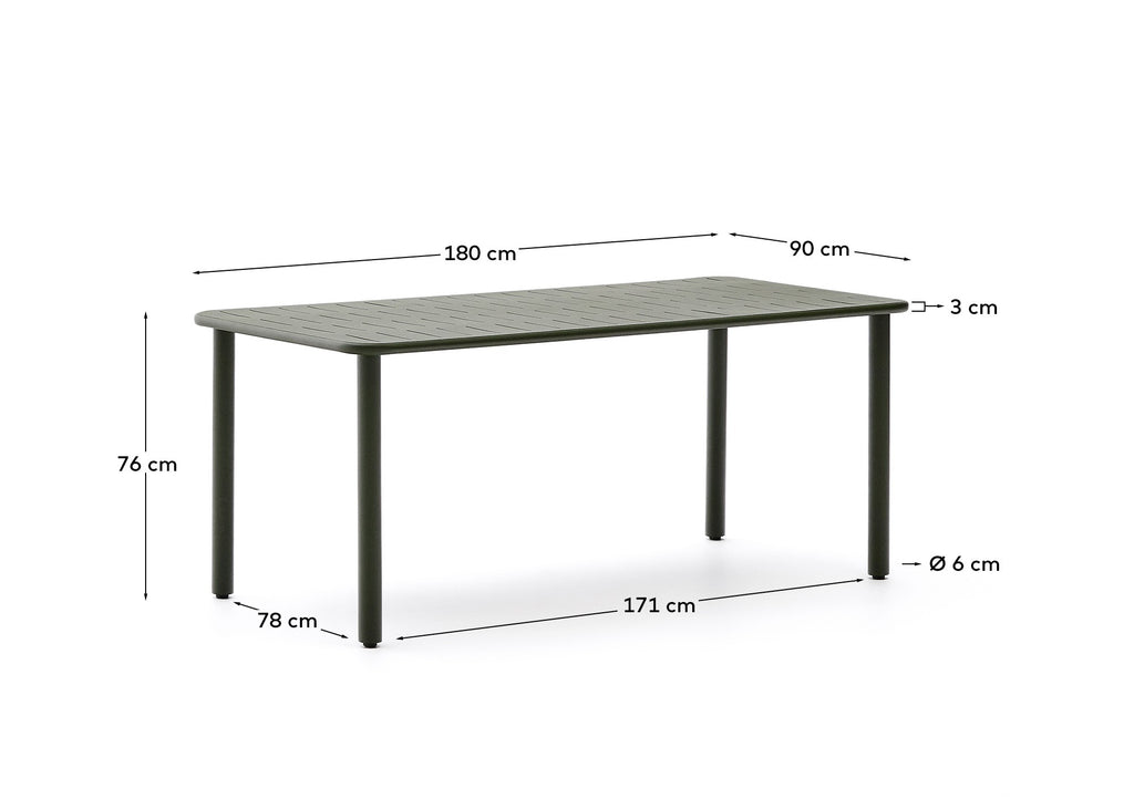 Brai outdoor table in green galvanised steel 180 x 90cm