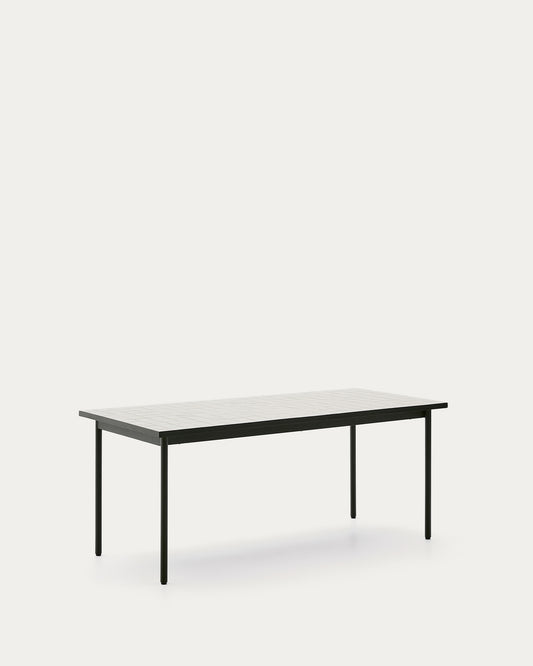 Maurina outdoor table in green galvanised steel with ecru-colored tiles 182 x 91cm