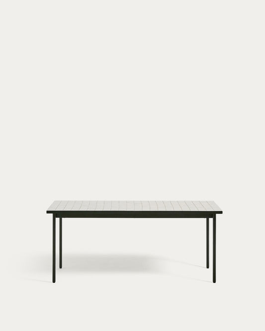 Maurina outdoor table in green galvanised steel with ecru-colored tiles 182 x 91cm