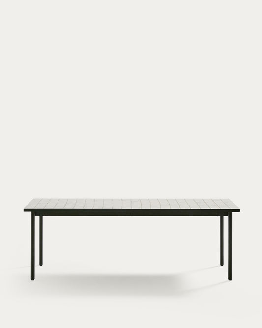 Maurina outdoor table in green galvanised steel with ecru-colored tiles 223 x 101cm