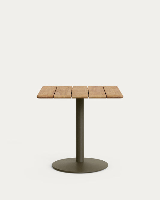 Esilda outdoor table with FSC 100% acacia top 80x80cm and green steel base Ø55x72cm