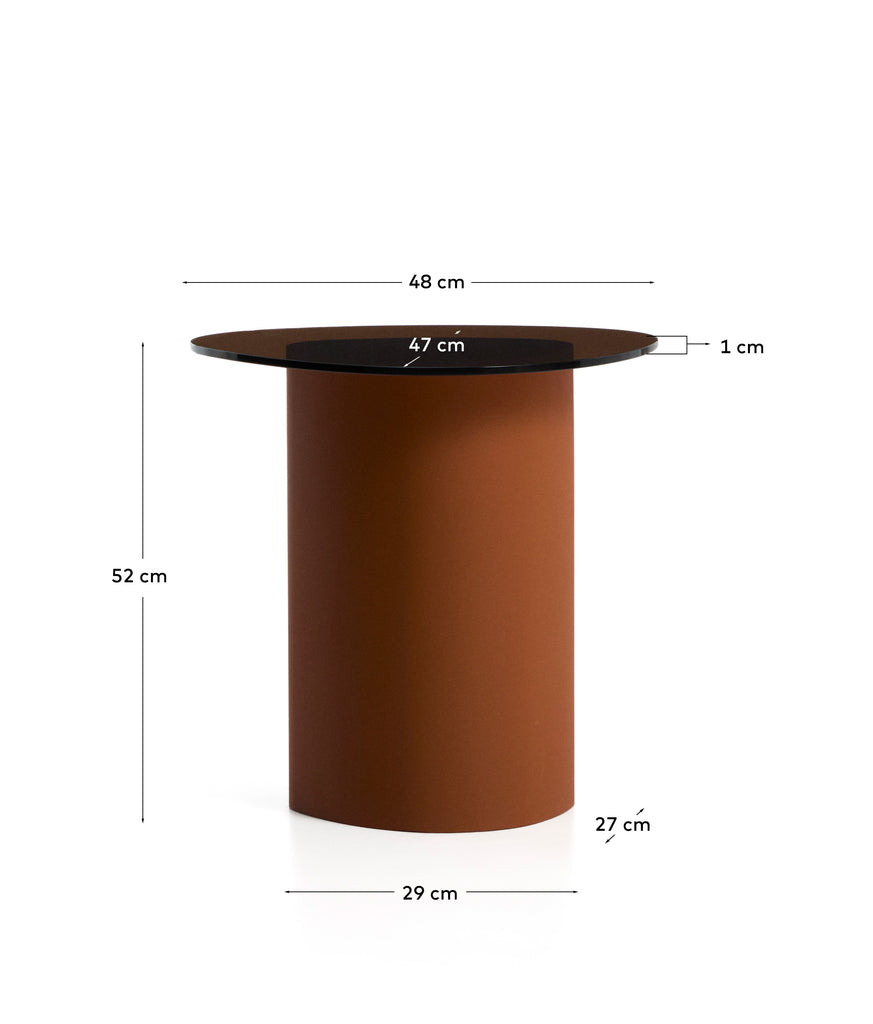 Olir side table in tempered glass and brown steel 48 x 46,8 cm