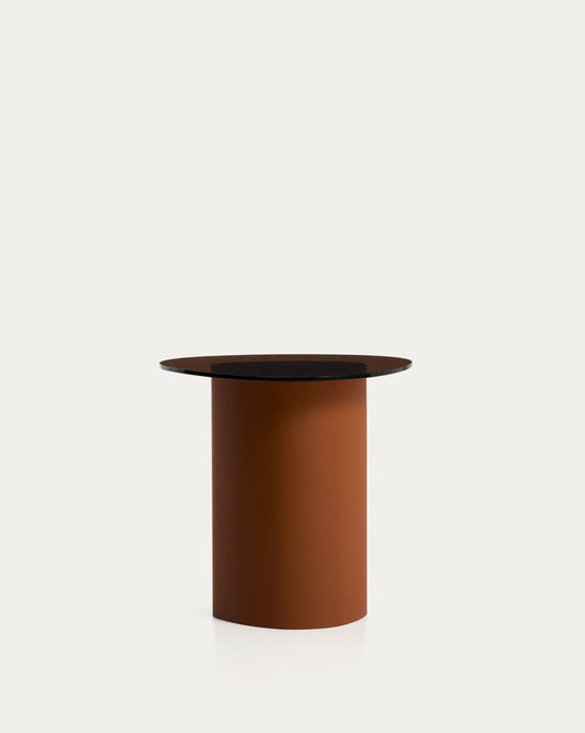 Olir side table in tempered glass and brown steel 48 x 46,8 cm
