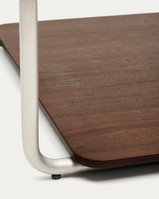 Tarsel coffee table in tempered glass with walnut veneer tray with brushed stainless steel structure 140 x 60cm
