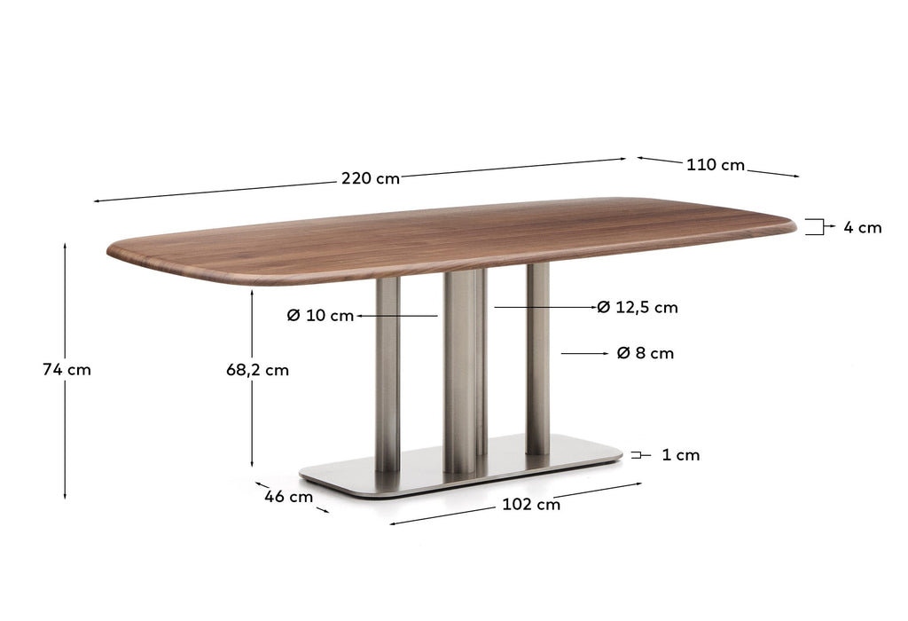 Melvar table made from walnut veneer and legs with brushed stainless steel base 220 x 110cm
