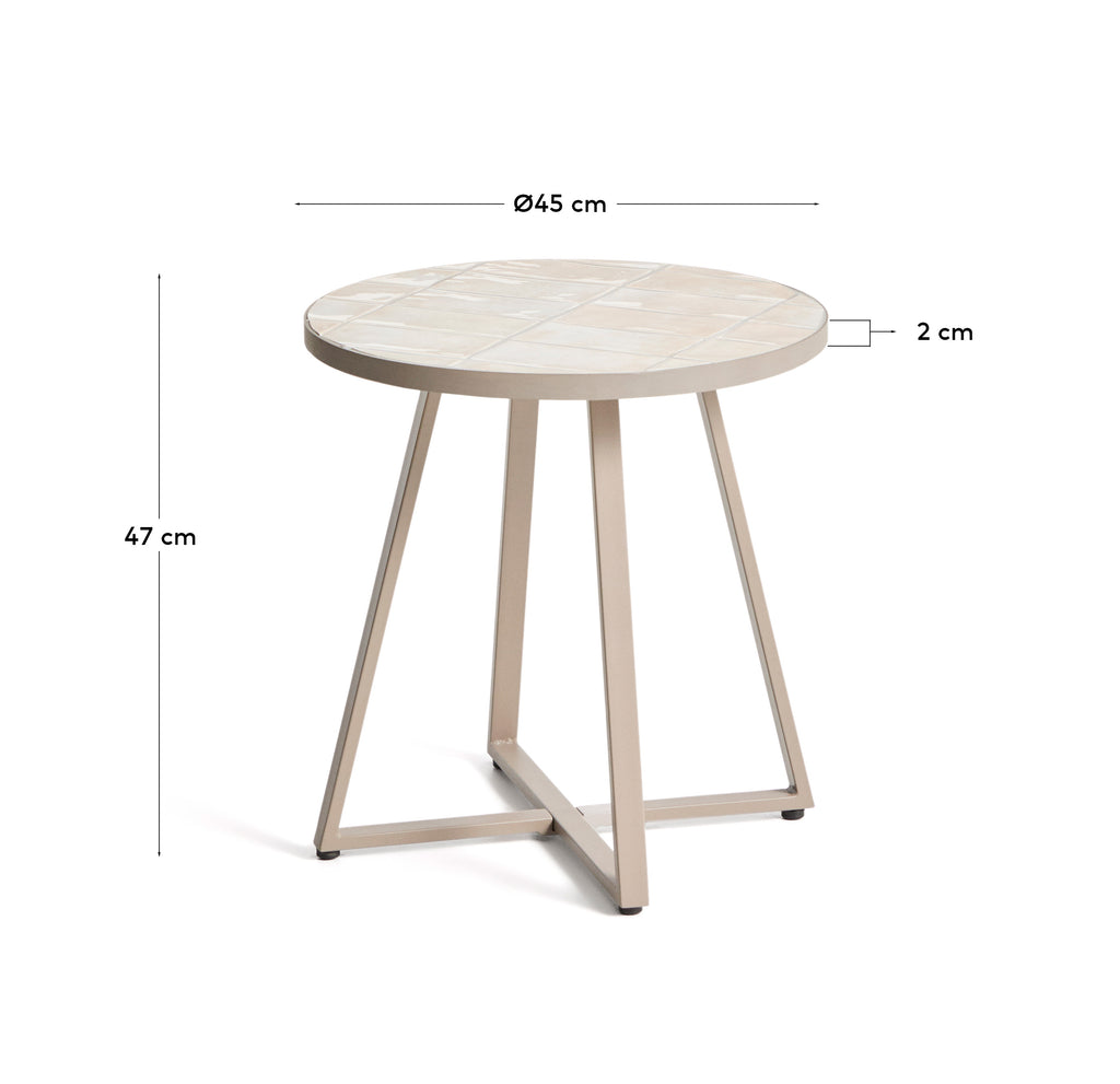 Tella round side table in galvanised steel with beige tiles Ø45 cm