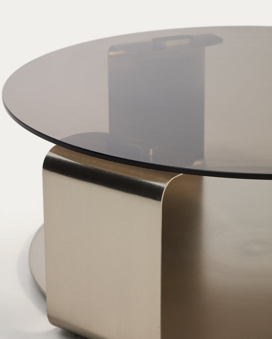 Dolven coffee table in brown glass and brushed steel Ø80cm
